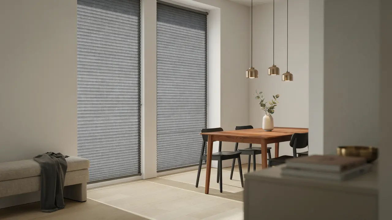 Metallic-accent roller blinds reflecting subtle light in a contemporary office space with clean architectural lines.