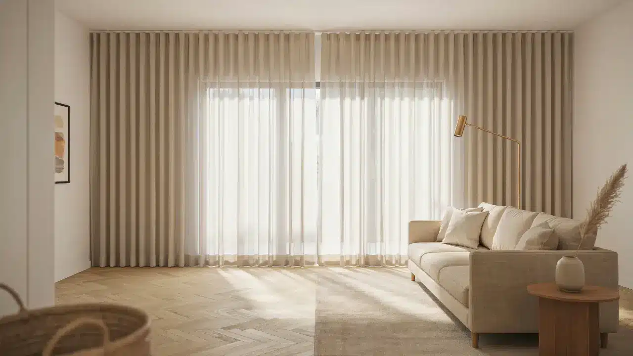 Soft wave ripple fold curtains creating smooth fabric waves in a spacious modern living room with warm tones.