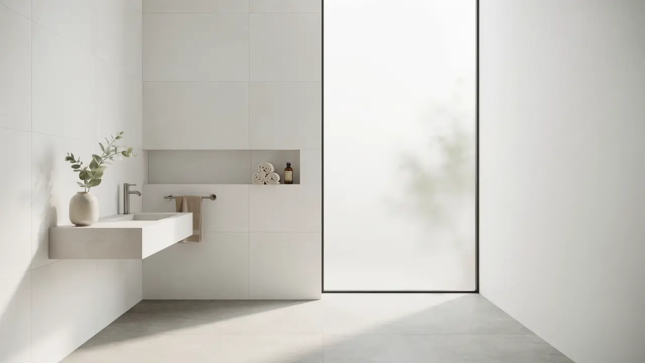 Frosted film window covering diffusing daylight in a bathroom while ensuring privacy with a soft blurred exterior view.