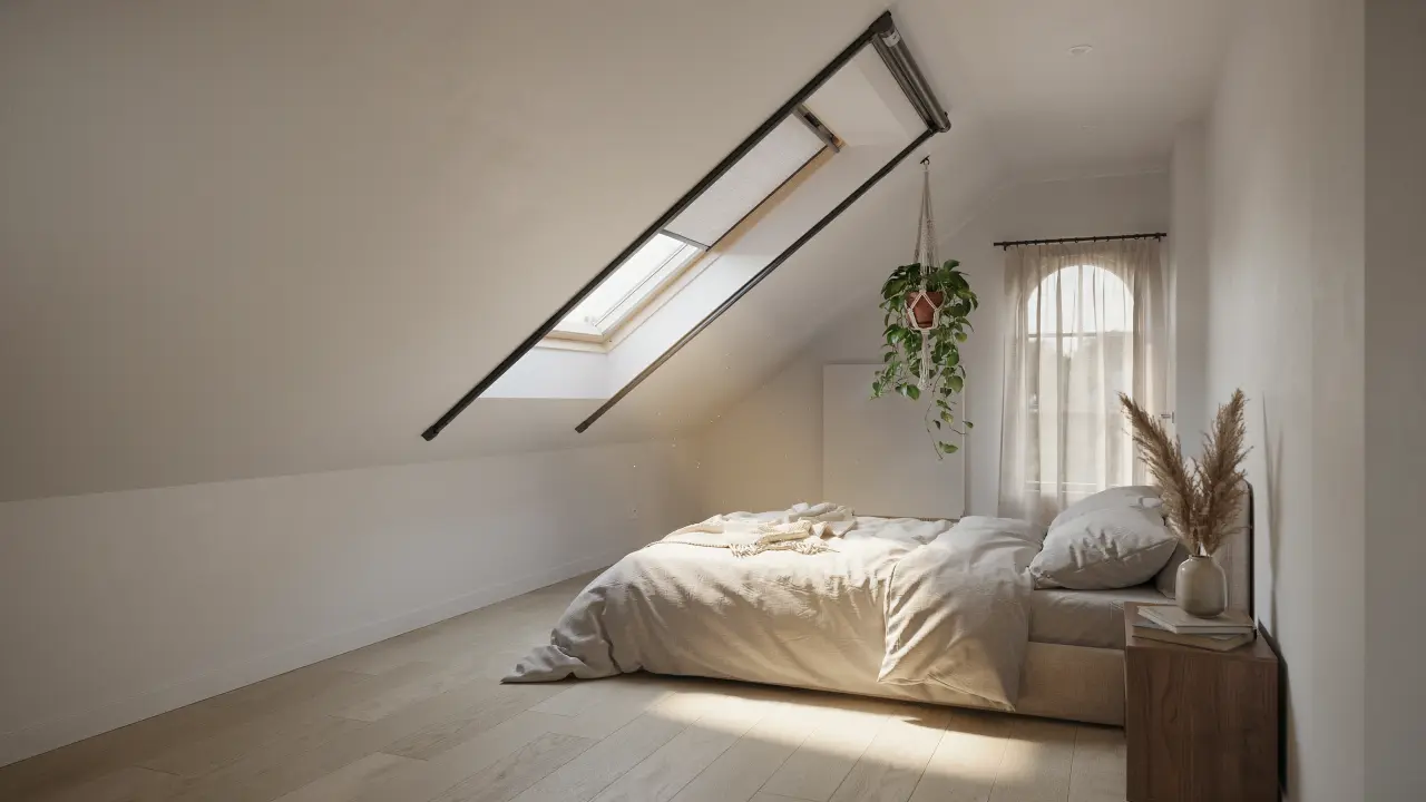 Skylight automated shades adjusting light in a ceiling window of a modern attic or loft space.