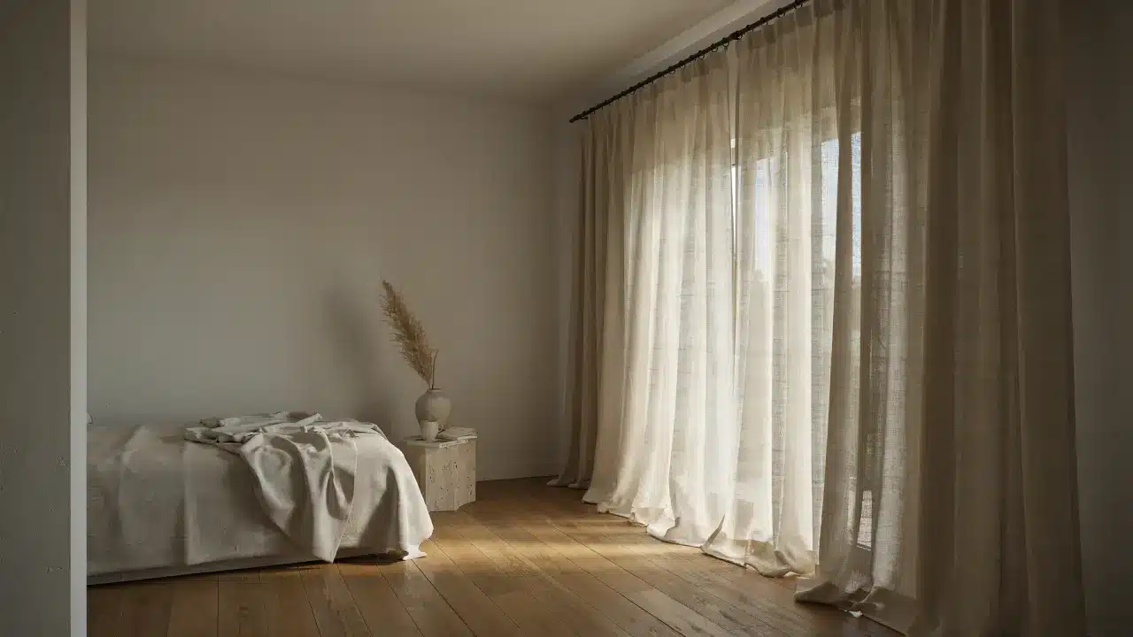 Floor-grazing textured drapes pooling slightly on wooden floors in an elegant living room with soft lighting.
