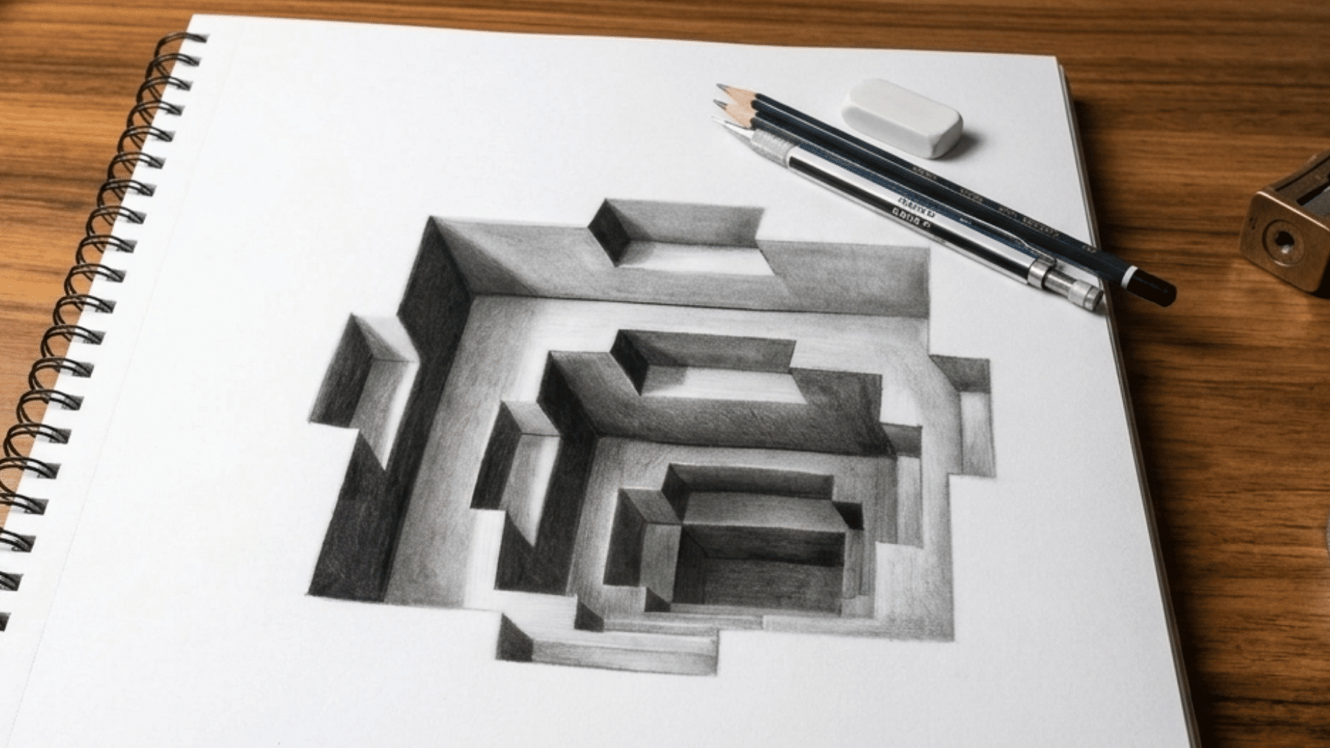 3D pencil drawing with shaded geometric shapes creating an optical illusion on paper.