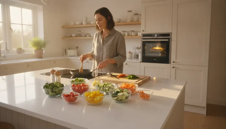 Woman cooking in bright kitchen with assorted vegetables on countertop