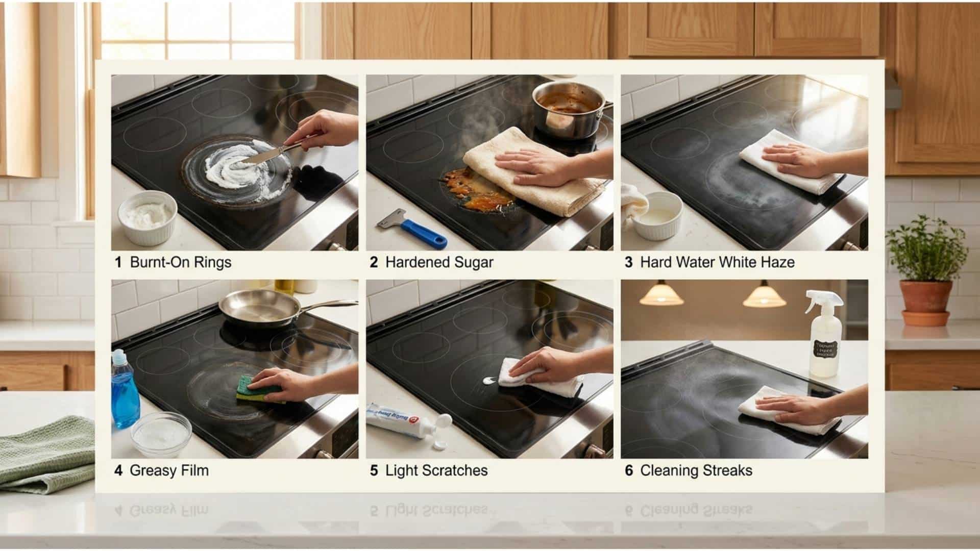 A six-panel collage showing glass stovetop stain cleaning: burnt rings, sugar spills, hard water haze, grease, scratches, and streak removal.