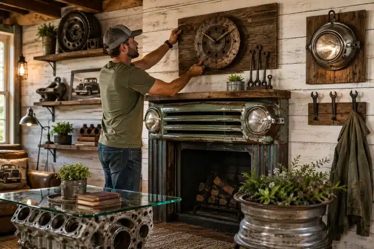 Man hanging rustic clock on wall in vintage automotive-themed room with metal decor