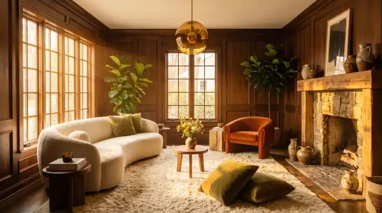 Luxury 70s living room with curved sofa, walnut wood paneling, plush rug, and warm earthy decor.