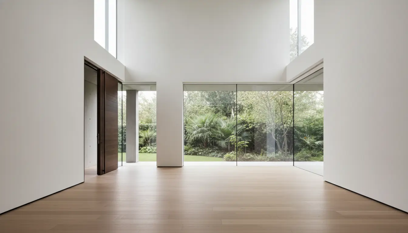 Spacious minimalist interior with large glass windows overlooking a lush garden