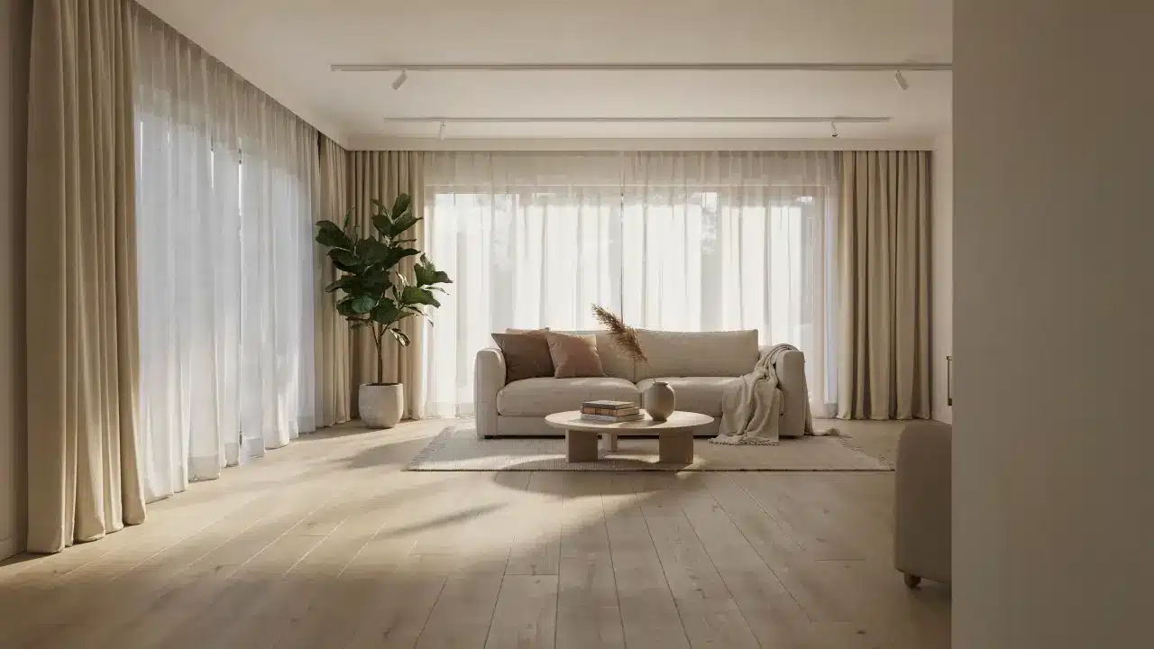 Double-layer curtain tracks showing sheer and blackout panels in a stylish living room for flexible light control.