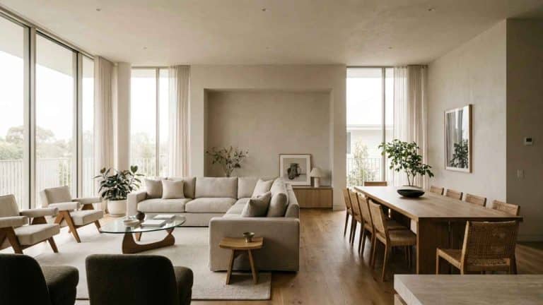 Modern open-plan living and dining room with neutral-toned furniture, large windows, natural light, and a minimal contemporary interior design.