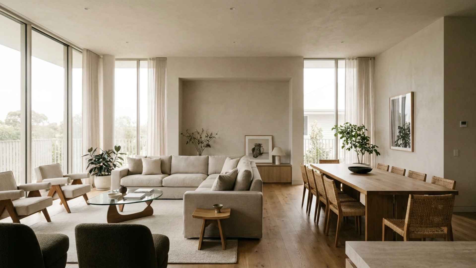 Modern open-plan living and dining room with neutral-toned furniture, large windows, natural light, and a minimal contemporary interior design.