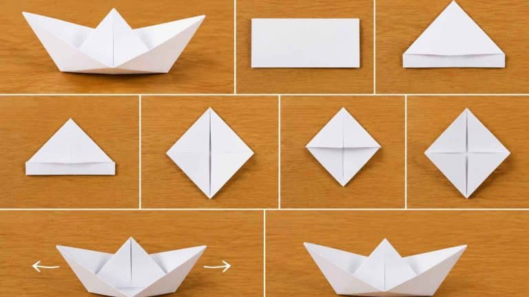 Step-by-step origami paper boat tutorial collage on wooden table showing folds from flat sheet to finished boat