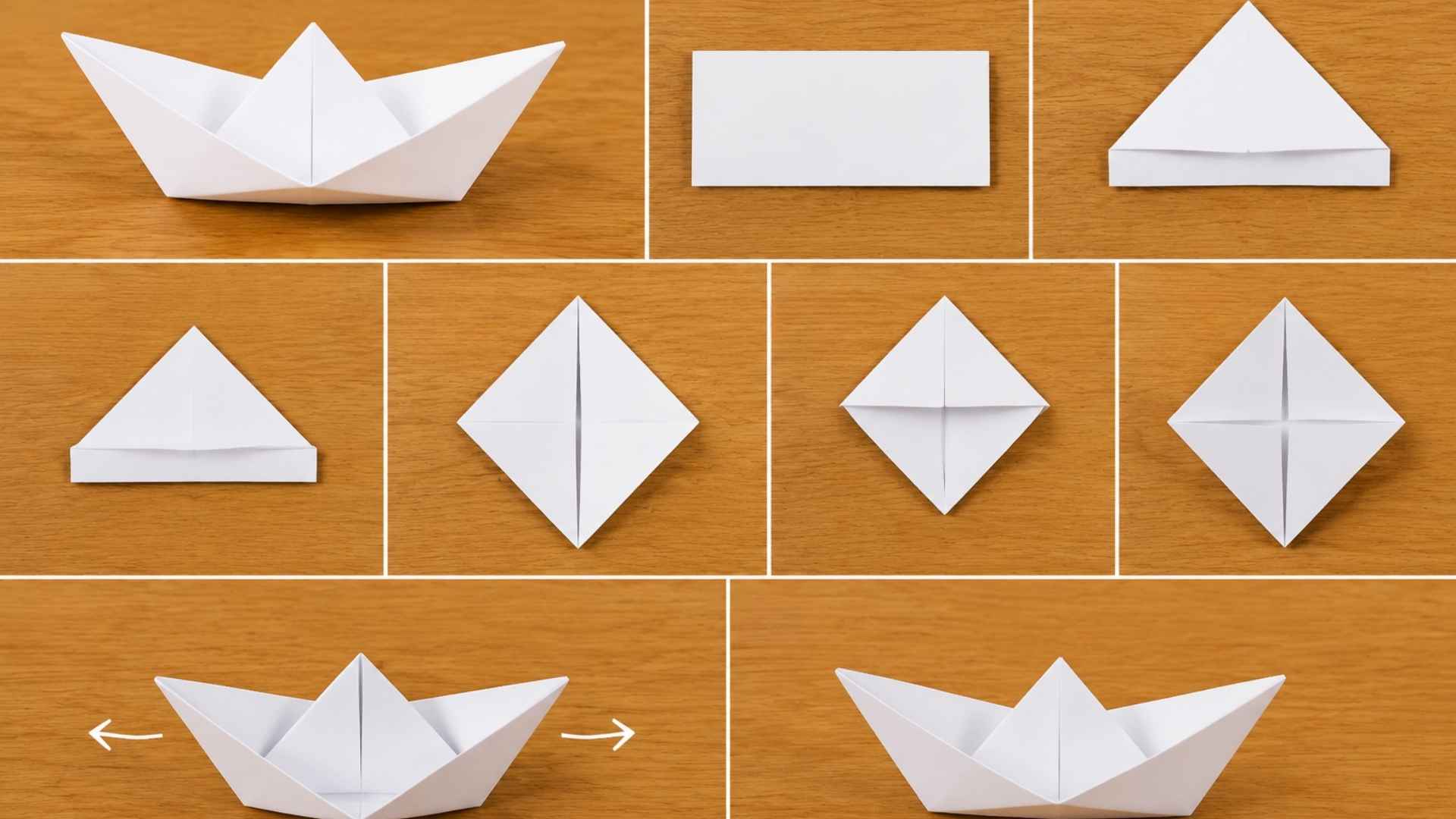 Step-by-step origami paper boat tutorial collage on wooden table showing folds from flat sheet to finished boat