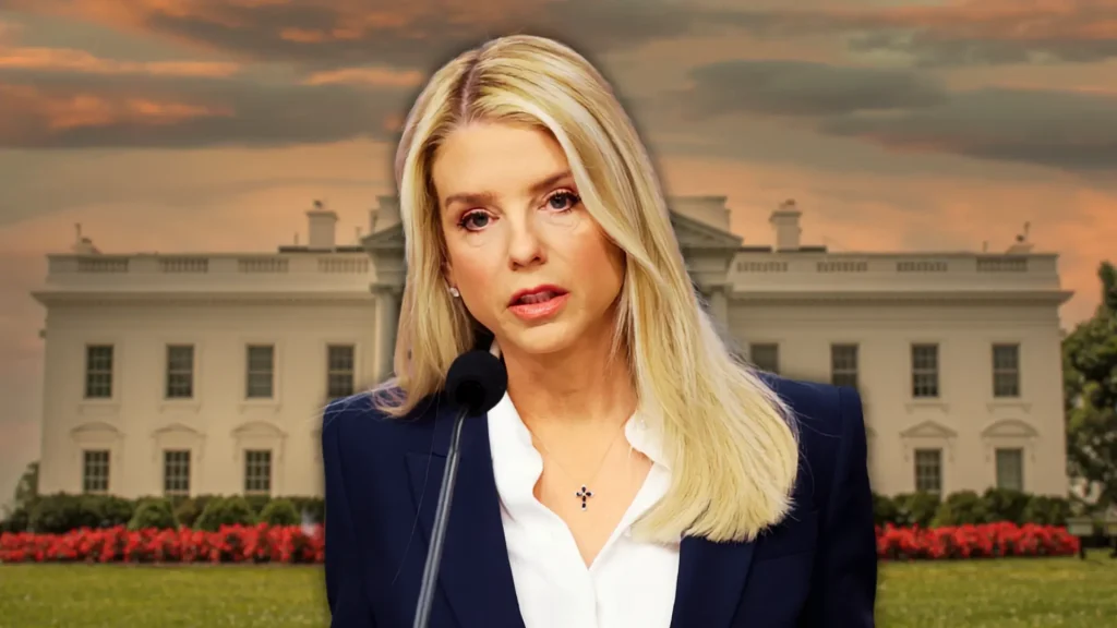 Pam Bondi speaking at podium with White House backdrop at sunset sky.