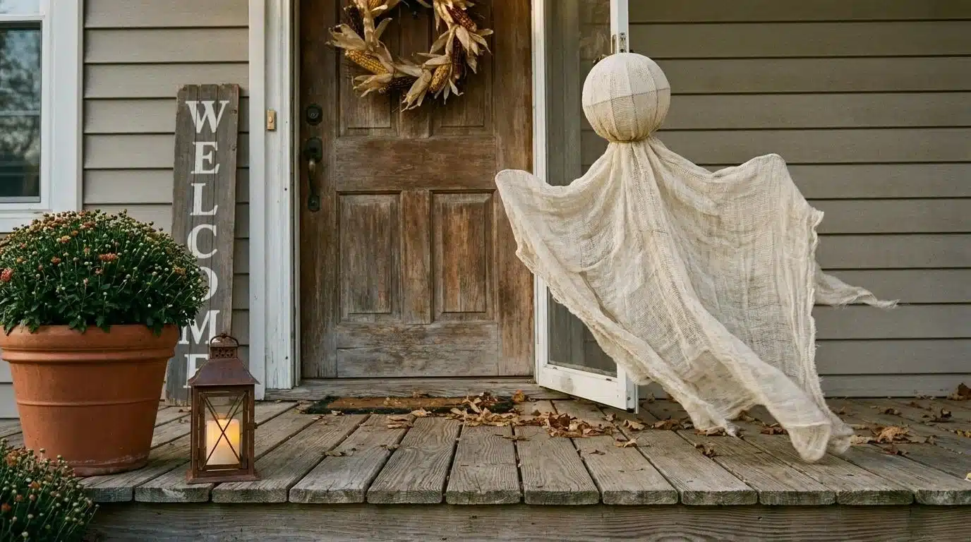Cheesecloth ghost decoration swaying beside a front porch door