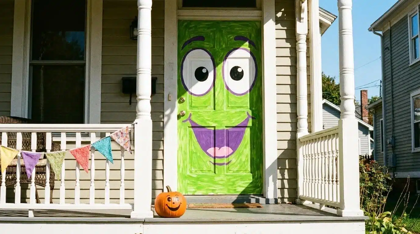 Front door painted with a friendly cartoon monster face for kids