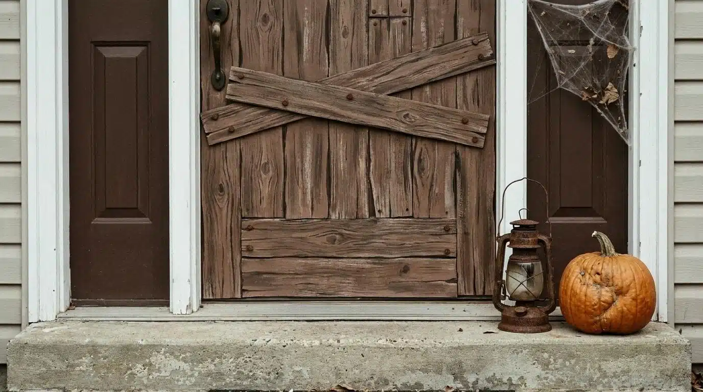 Front door covered to look like haunted mansion wood planks