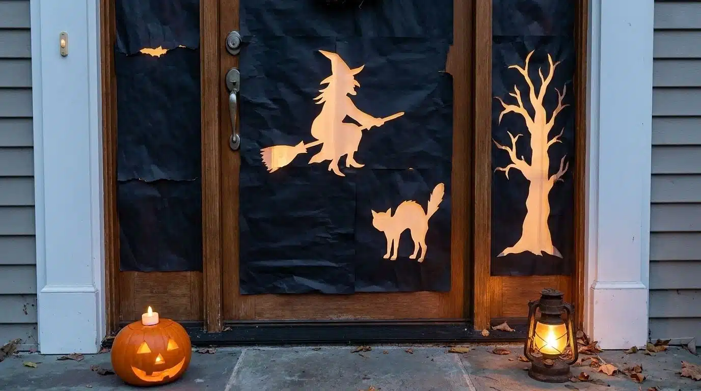Front door covered in black paper with cut-out Halloween silhouettes