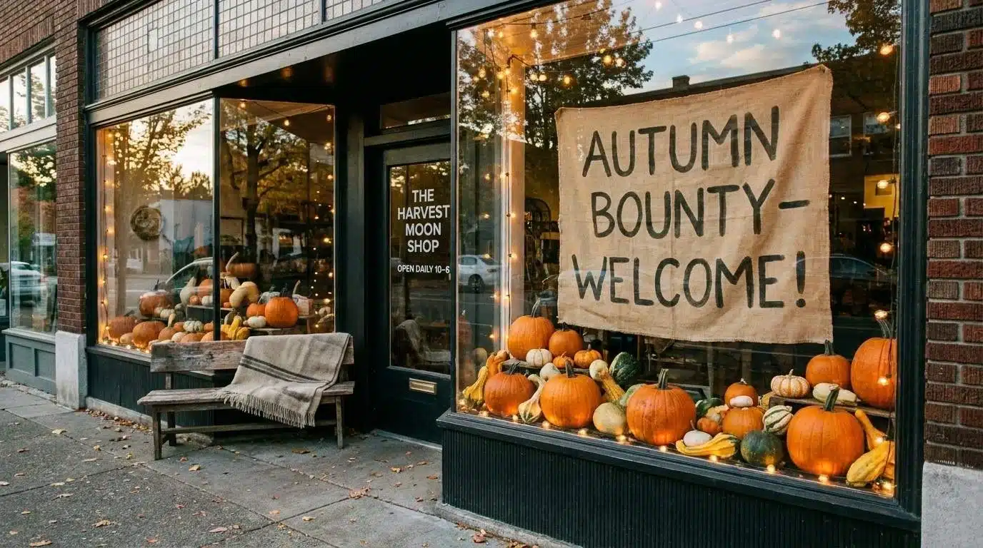 Small business storefront window with a Halloween pumpkin display