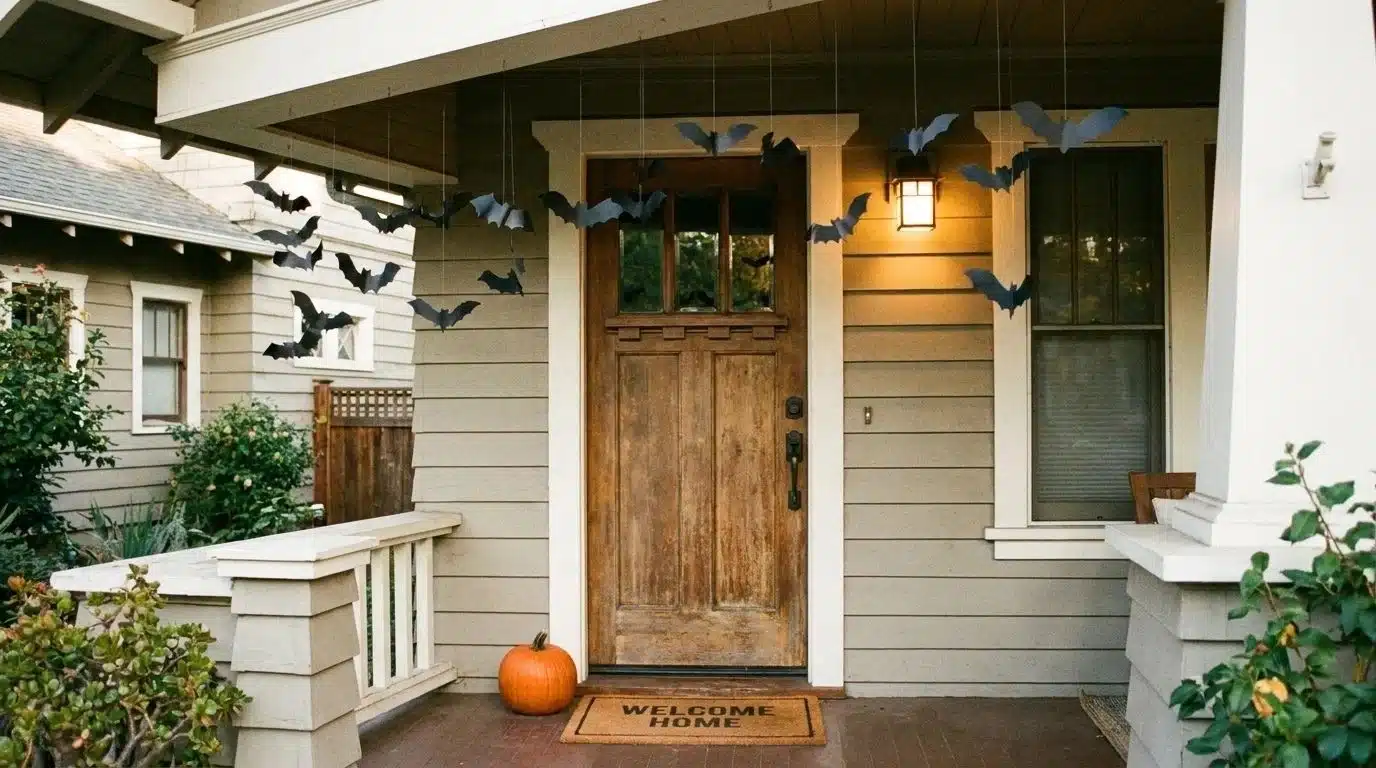 Black paper bats hanging at different heights above a front door