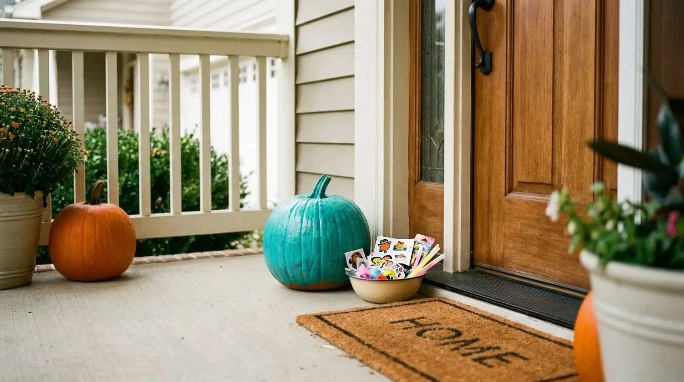 Teal pumpkin displayed on a porch for allergy-friendly Halloween treats