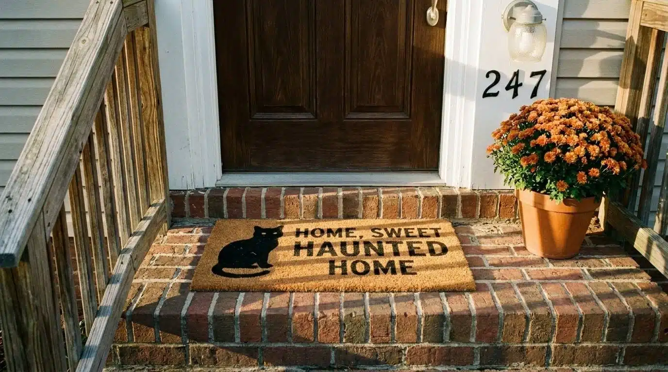 Front door with a black cat doormat and pumpkin on a brick porch step
