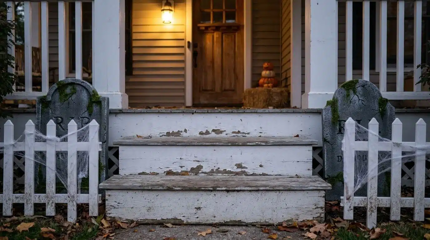 Front porch steps framed by a small graveyard fence and tombstones