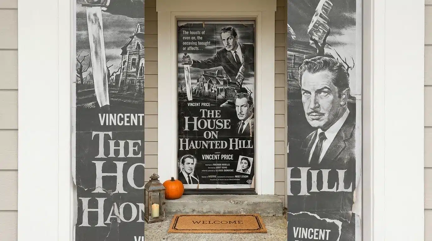 Front door wrapped in a vintage black and white horror movie poster