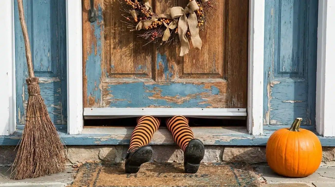 Witch legs and shoes poking out from under a front door