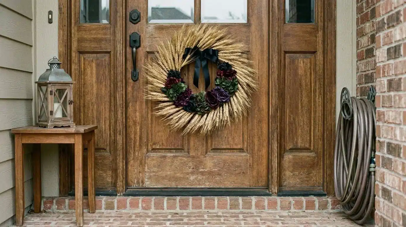 Front door decorated with a dried floral and black ribbon Halloween wreath