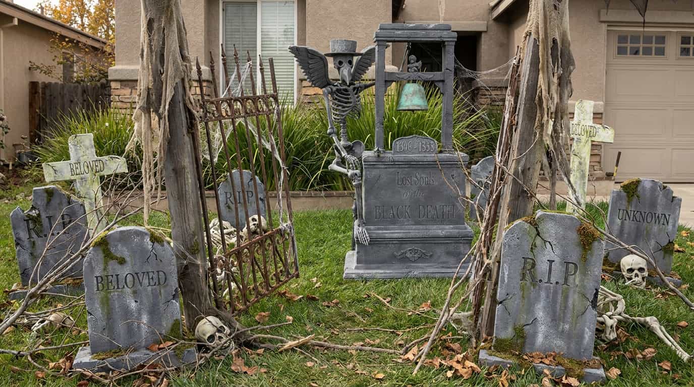 Abandoned Halloween cemetery with weathered tombstones, rusty gate, and spooky yard props