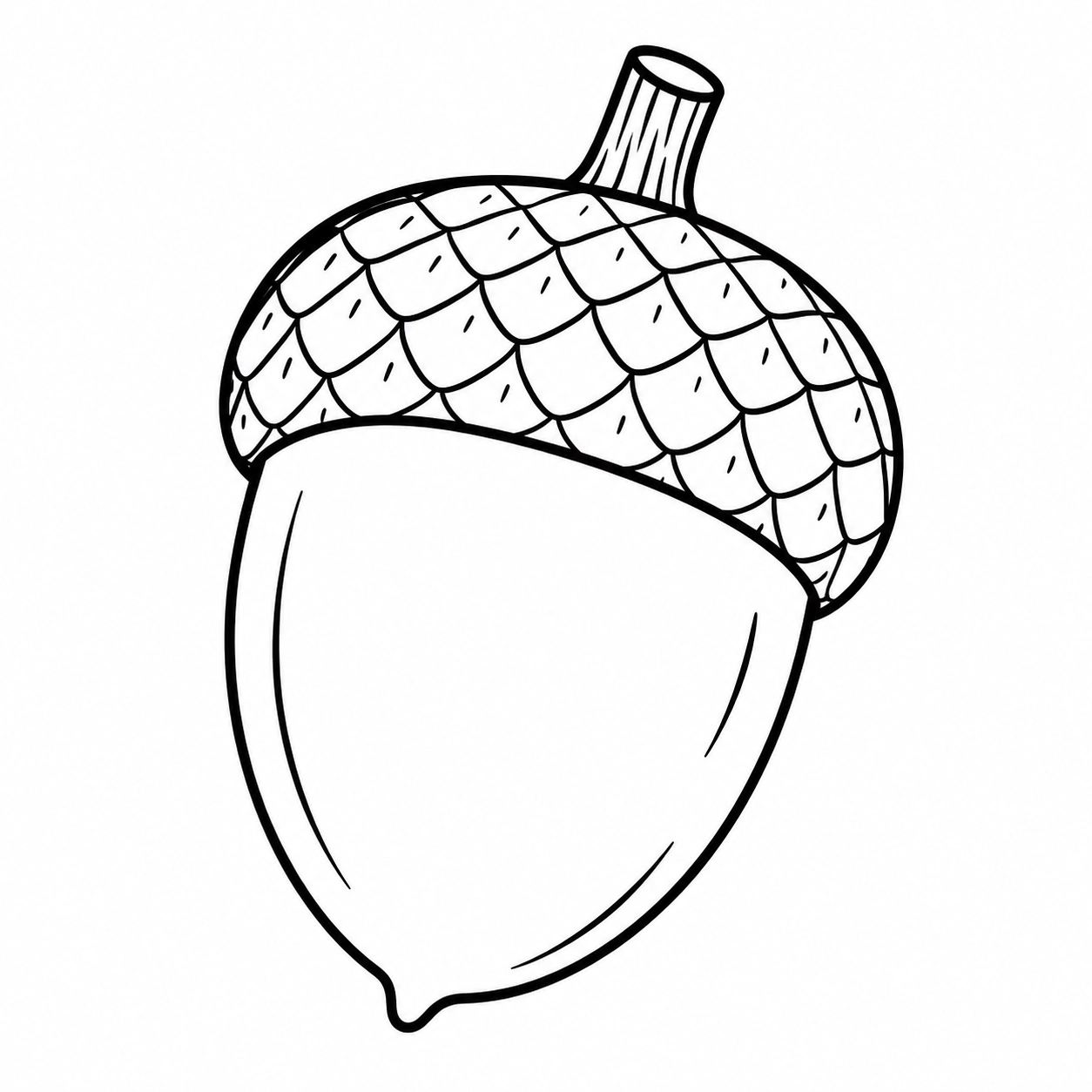 Black and white acorn coloring page with a textured cap outline for children to color during a fun fall nature activit