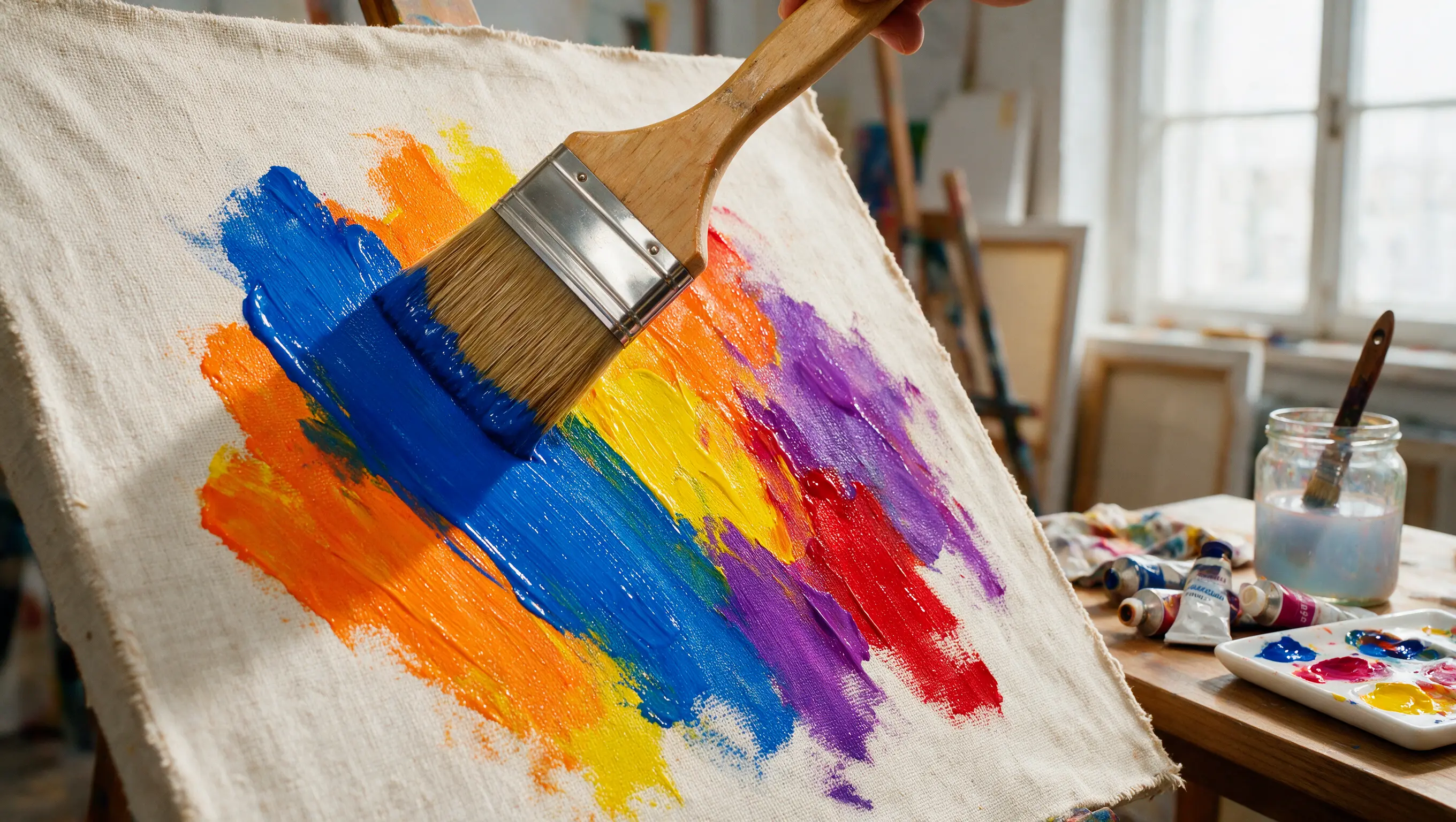 A wide paintbrush applies bold blue, orange, yellow, purple, and red acrylic strokes to a canvas.