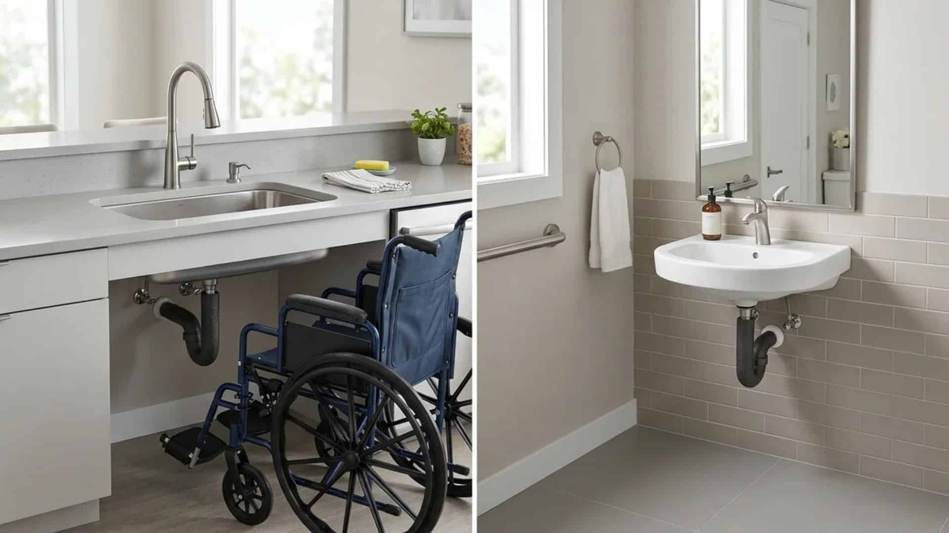 comparison of ADA sink requirements for kitchen and bathroom, showing knee clearance and height measurements.