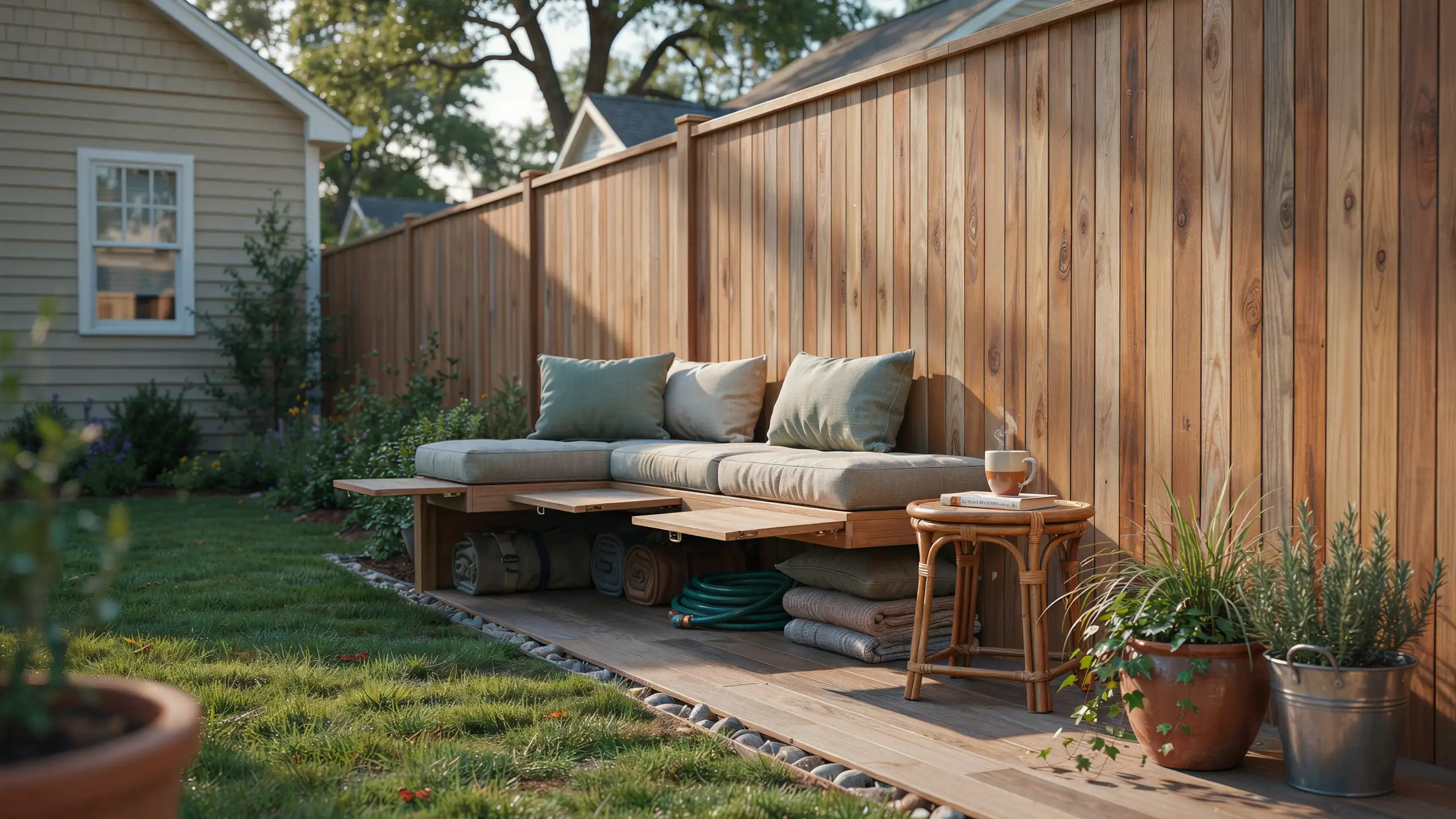 Small backyard corner featuring a built-in wooden bench with cushions and surrounding plants.