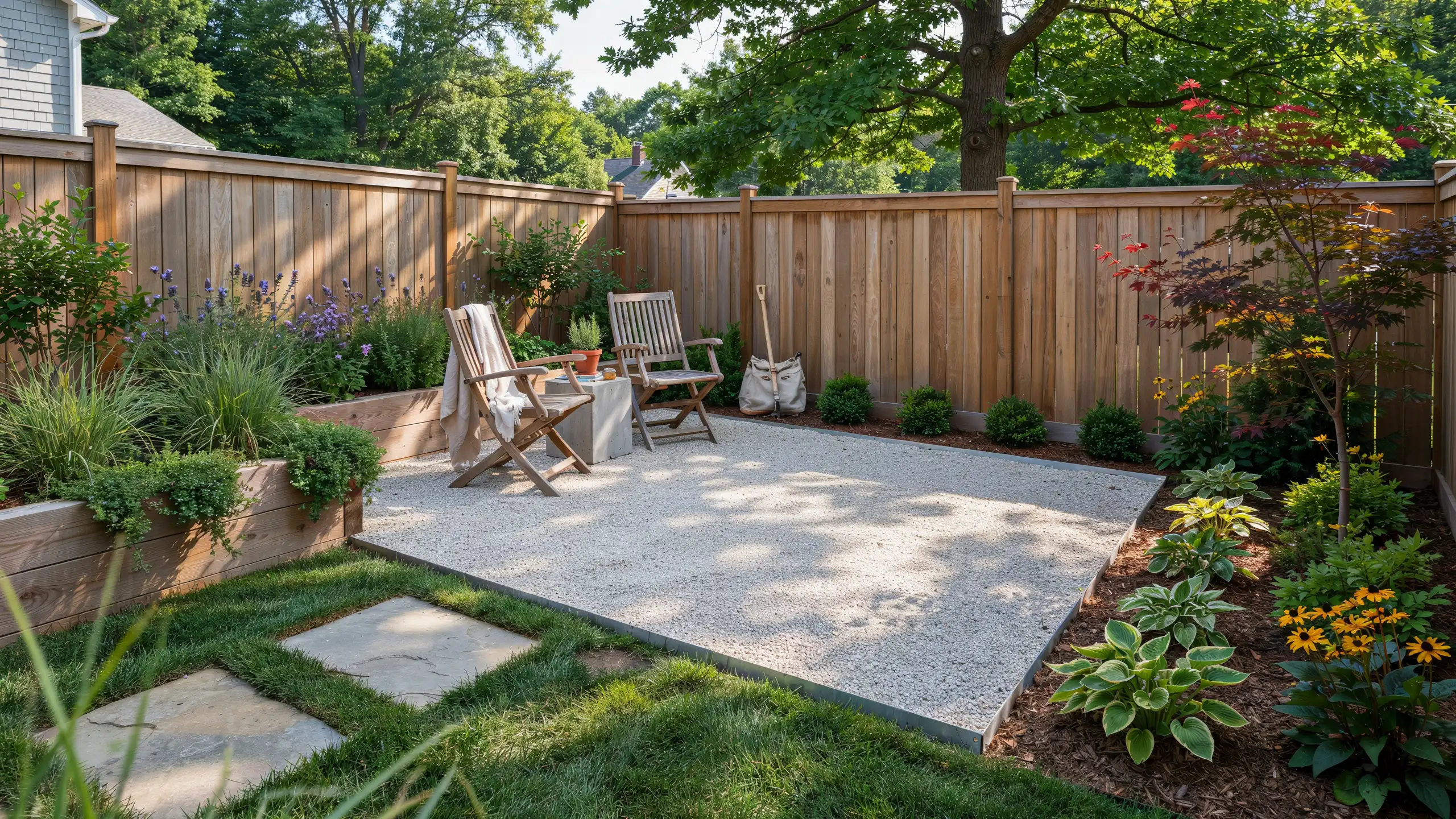Small backyard with a finished gravel patio, outdoor seating, plants, and garden edging.