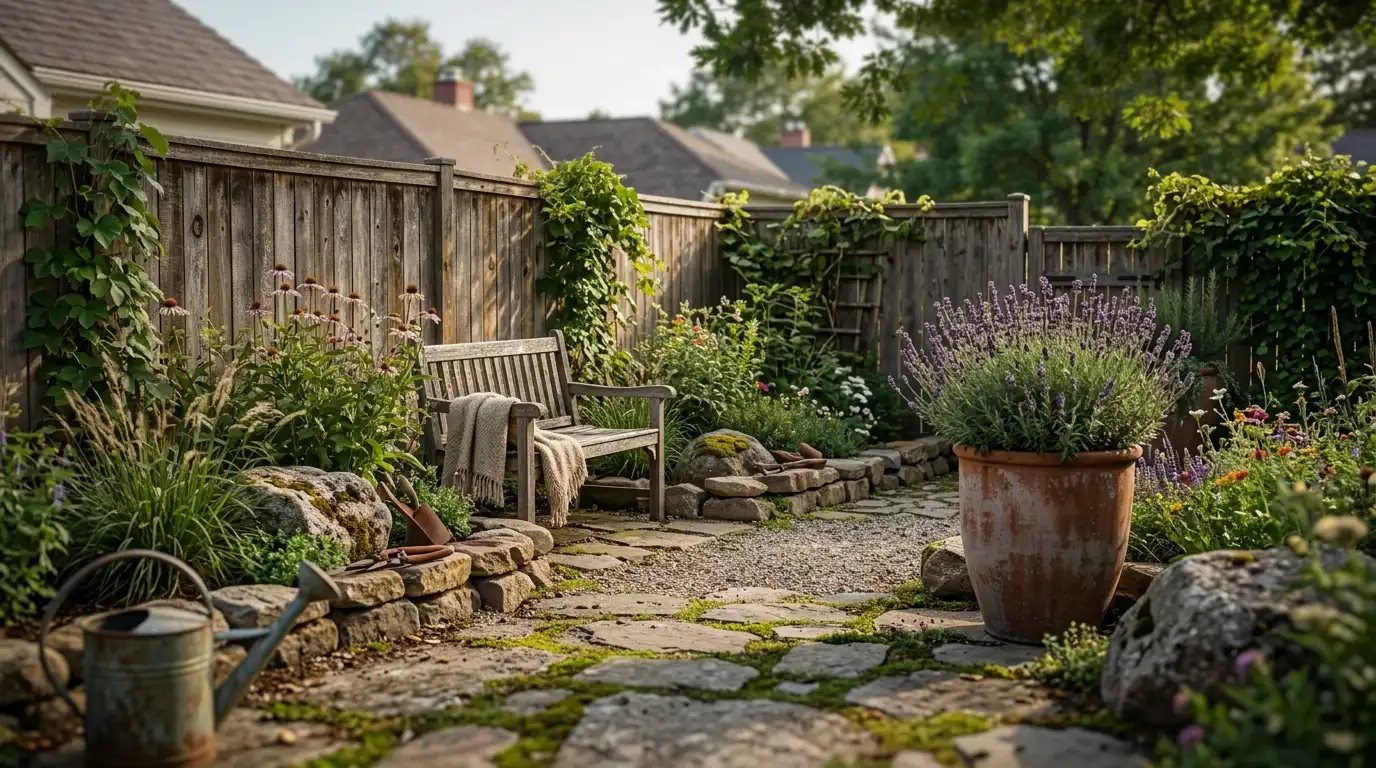 Rustic backyard landscape with wood, stone, gravel paths, and natural planting details.