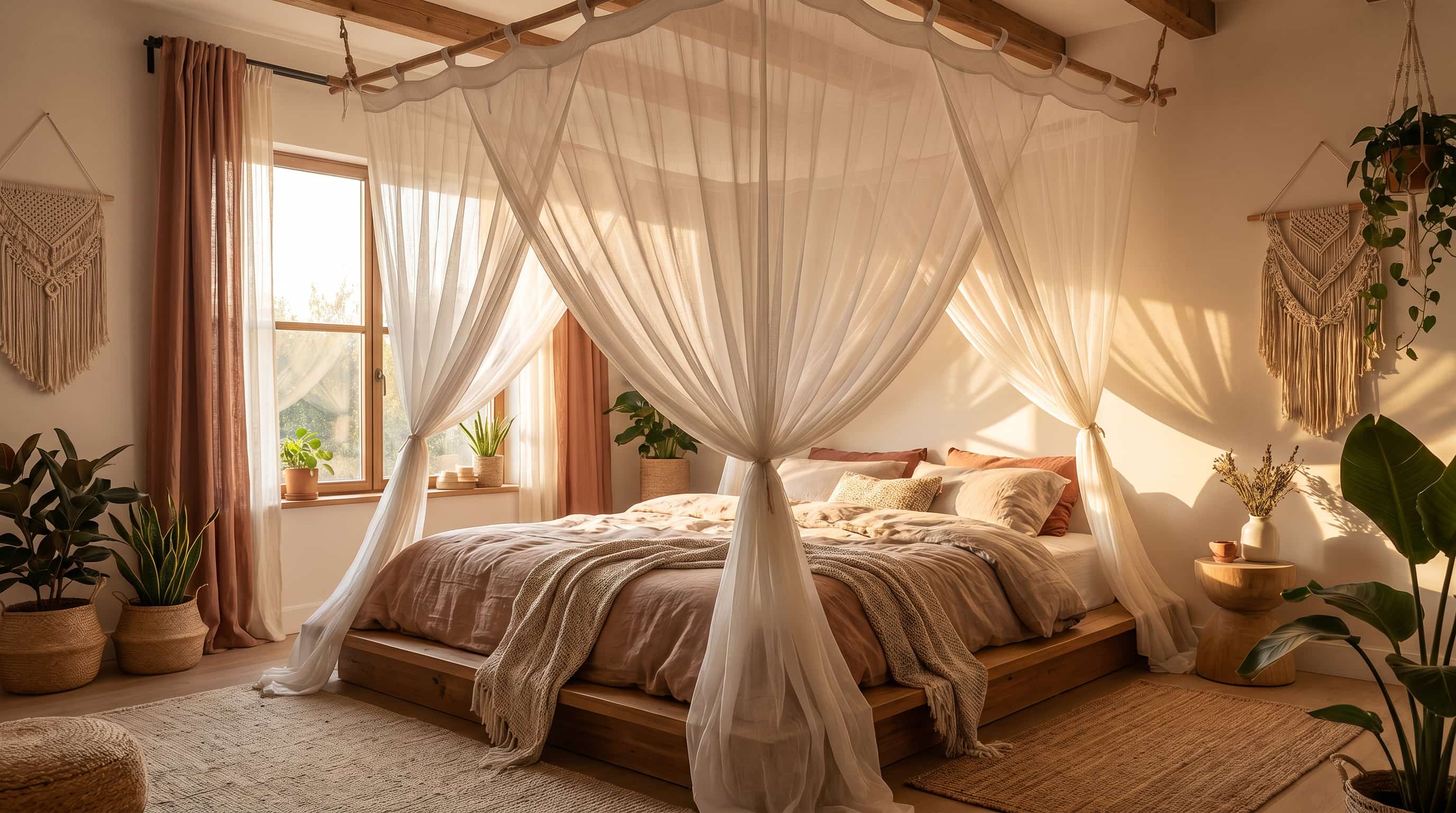 Bohemian interior design bedroom with a sheer canopy bed, natural materials, plants, and soft textiles.