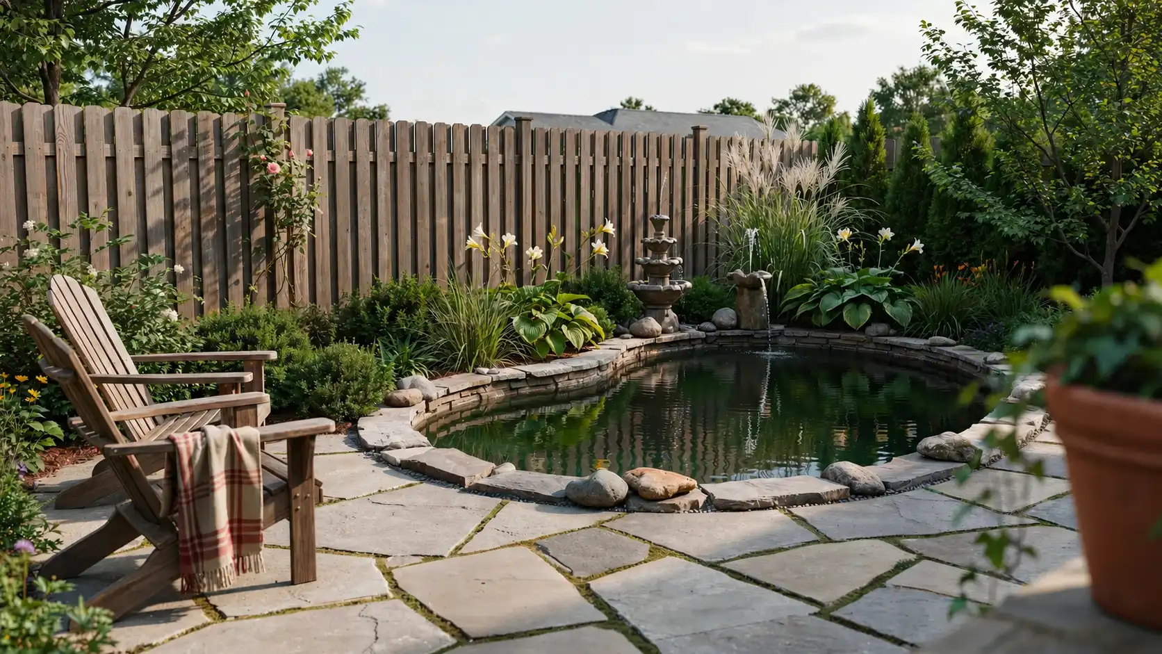 Small backyard with decorative water fountain surrounded by plants, stones, and seating.