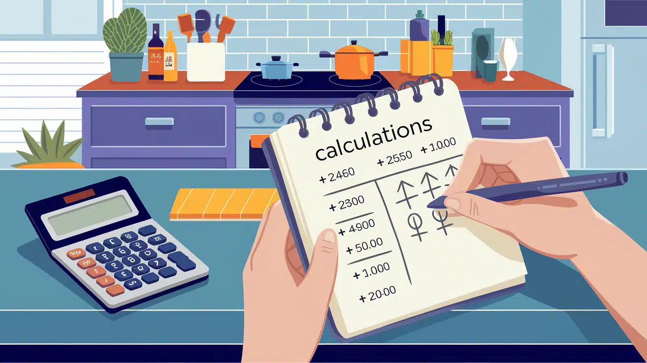 An illustration of a person writing countertop math calculations in a notebook next to a calculator, with a kitchen background.