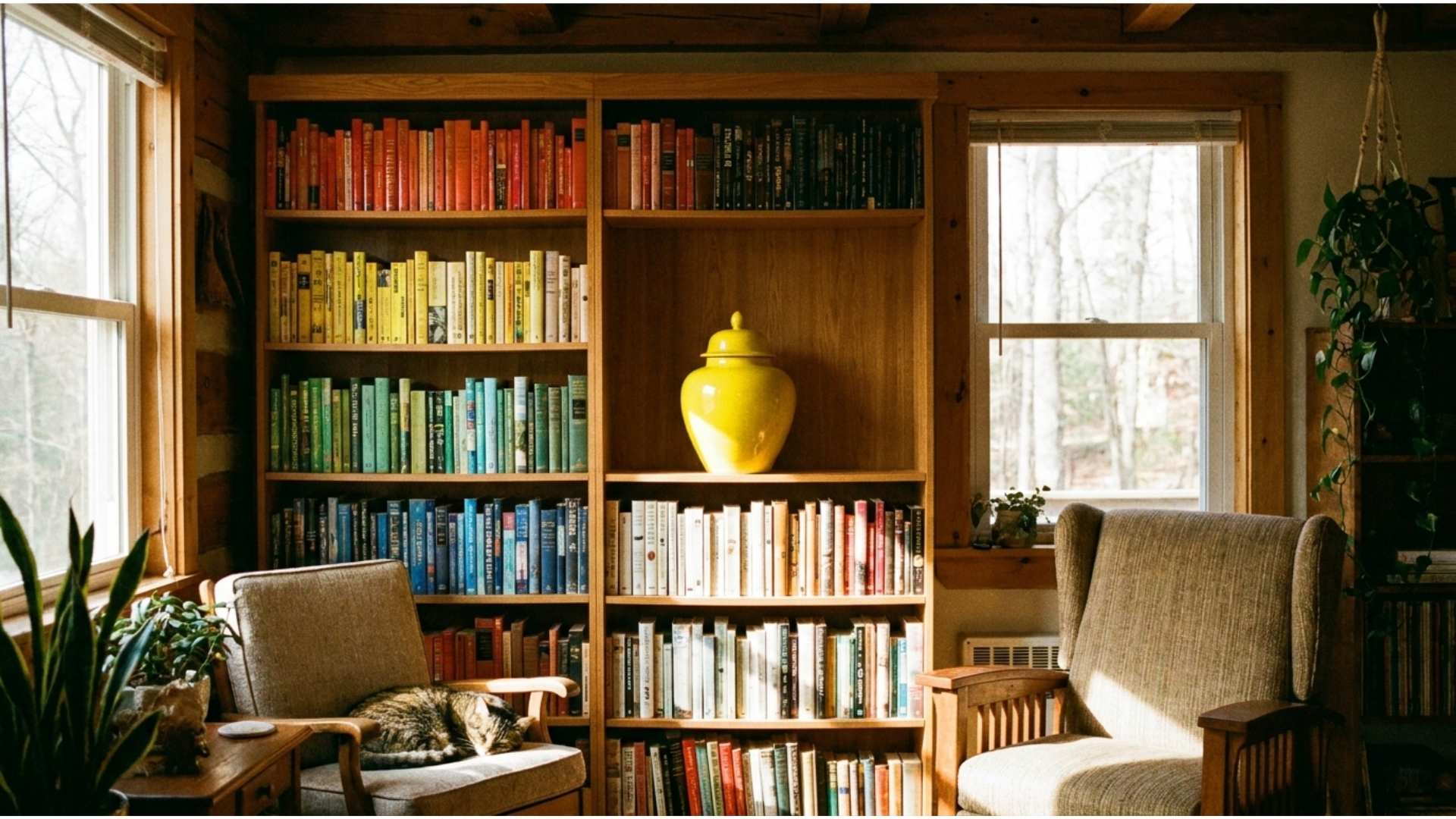 Bookshelf with colorful books and bold decor piece creating vibrant and cozy atmosphere