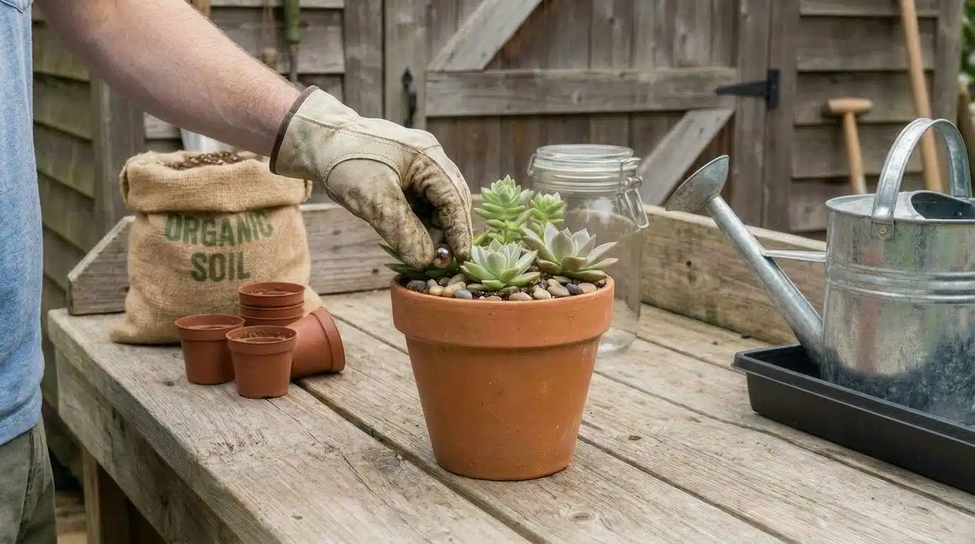 Adding a top layer of rocks to a finished succulent planter.