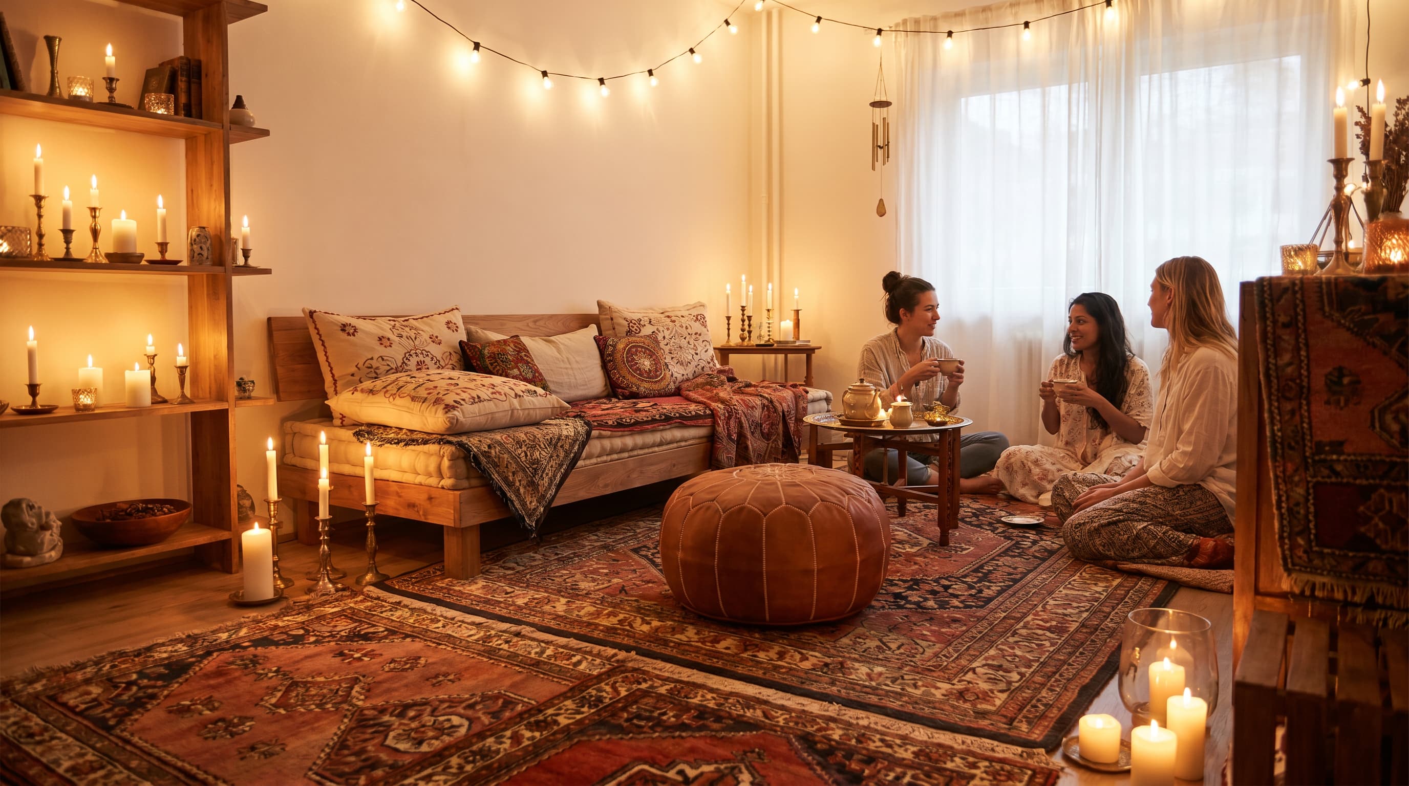 Bohemian interior design gathering space with floor seating, Moroccan pouf, layered rugs, candles, and warm lighting.