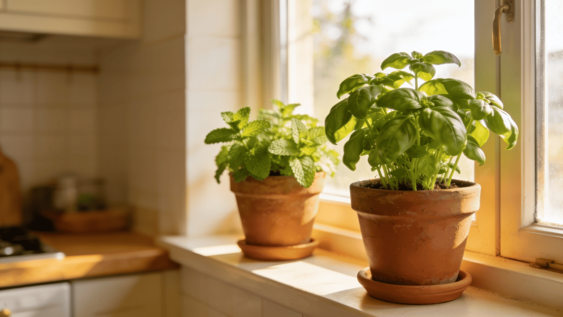 Kitchen windowsill herb garden with mint, coriander, and basil in small terracotta pots