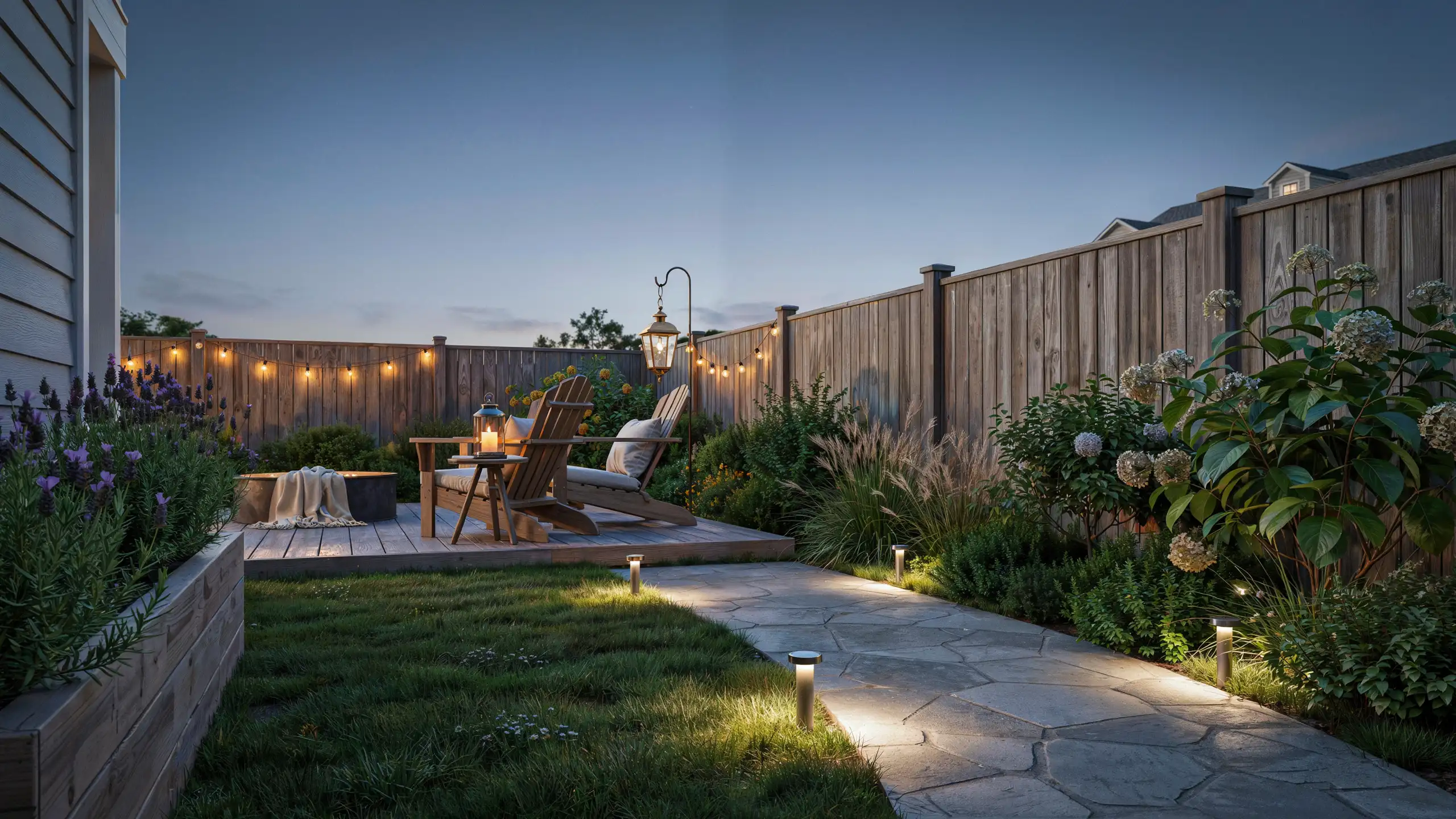 Backyard at dusk with string lights, lanterns, and pathway lighting creating a warm glow.