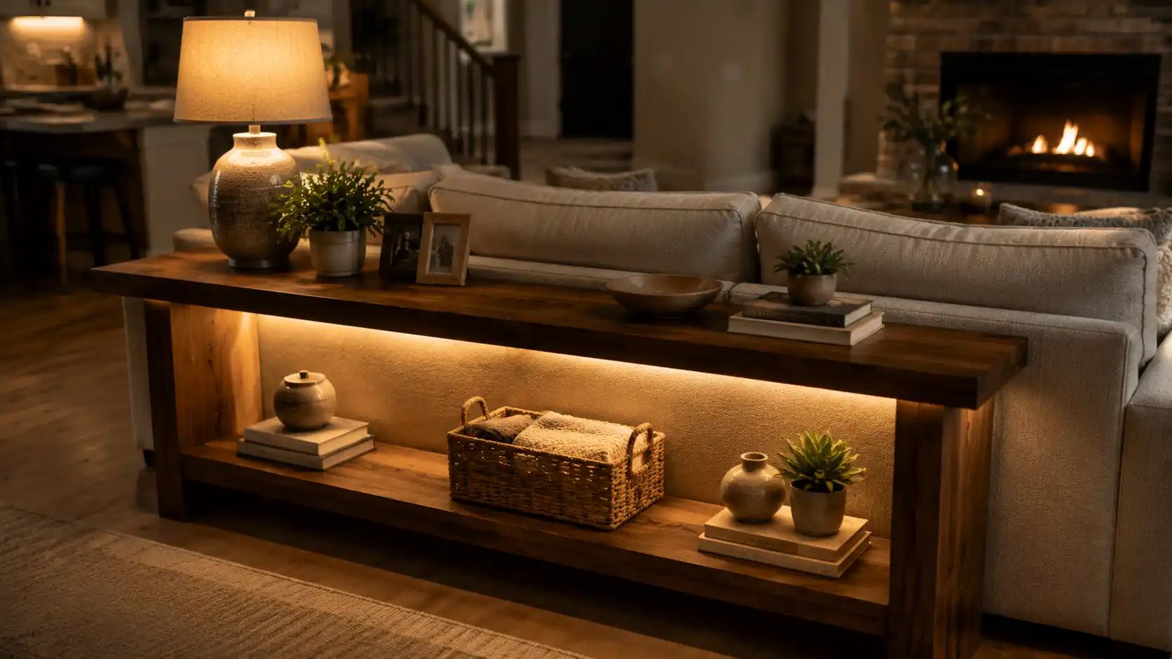 Sofa table with warm lamp lighting and subtle accent illumination creating a cozy atmosphere in a stylish living room.