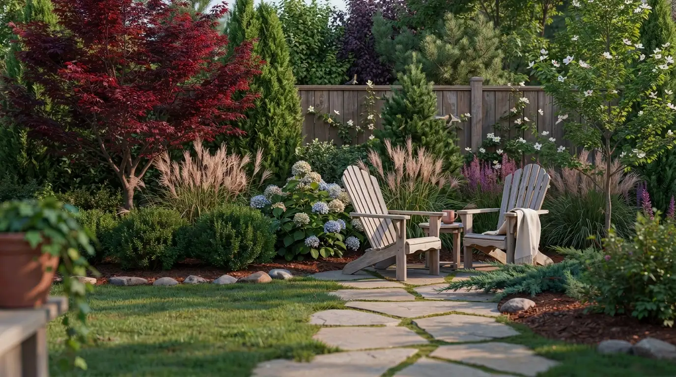 Small backyard with trees, shrubs, and climbing plants creating a natural privacy screen.