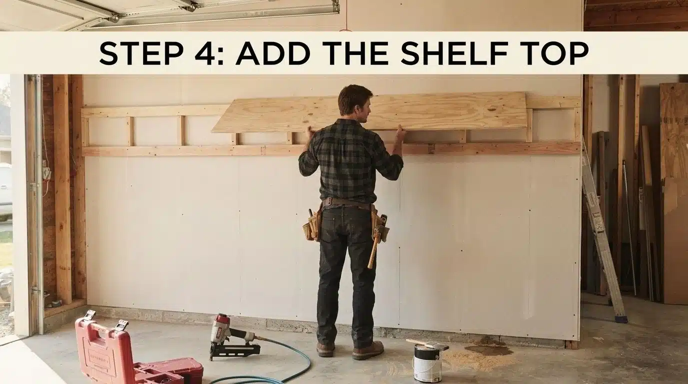 Person attaching a plywood top to a mounted garage shelf frame.