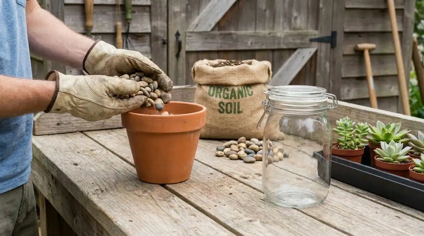 Layering pebbles and soil into a terra cotta pot.