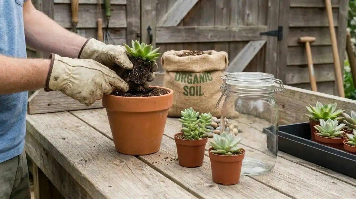 Planting a succulent into a soil-filled terra cotta pot