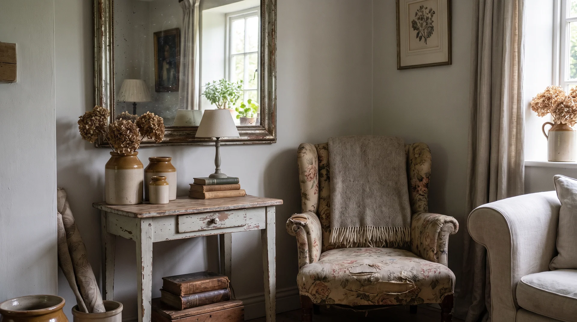Vintage cottage corner with antique chair, pottery, and wooden furniture.